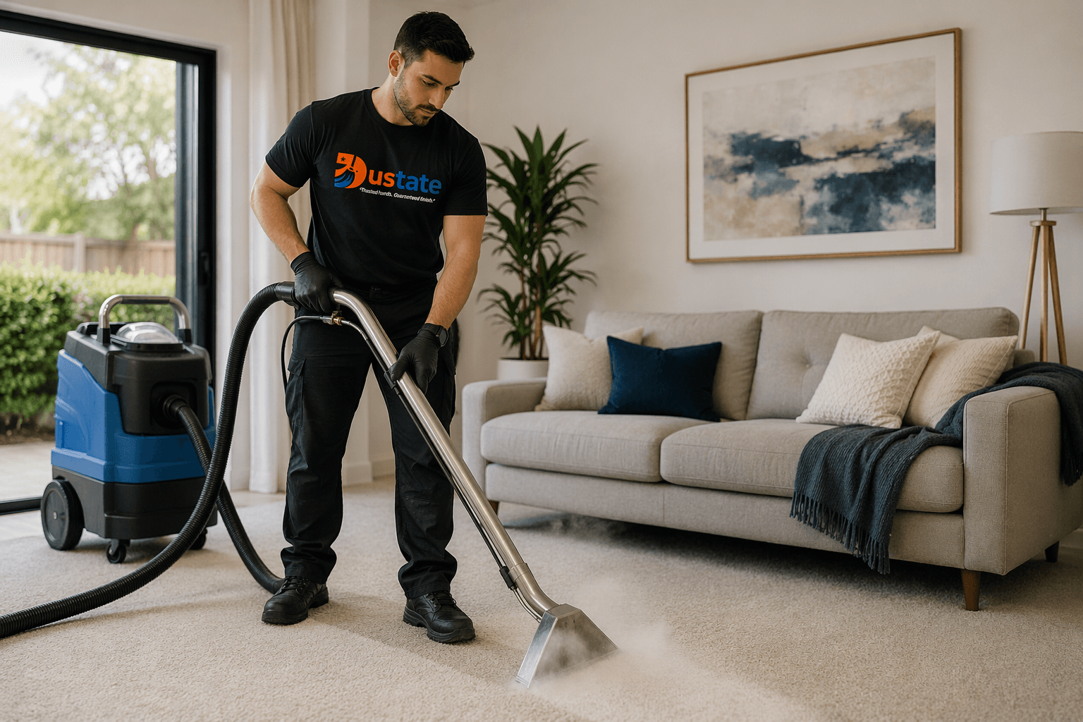 Cleaner vacuuming a living room